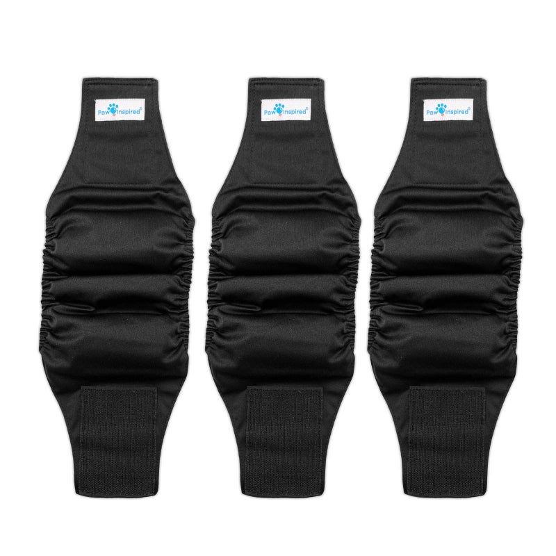 Paw Inspired 3-Count Reusable Male Dog Wraps, Washable Diapers for Male Dogs, Belly Bands for Incontinence, Surgery, Male Marking (Small Size, Black Color with Black Lining, Pack of 3) - Image 1